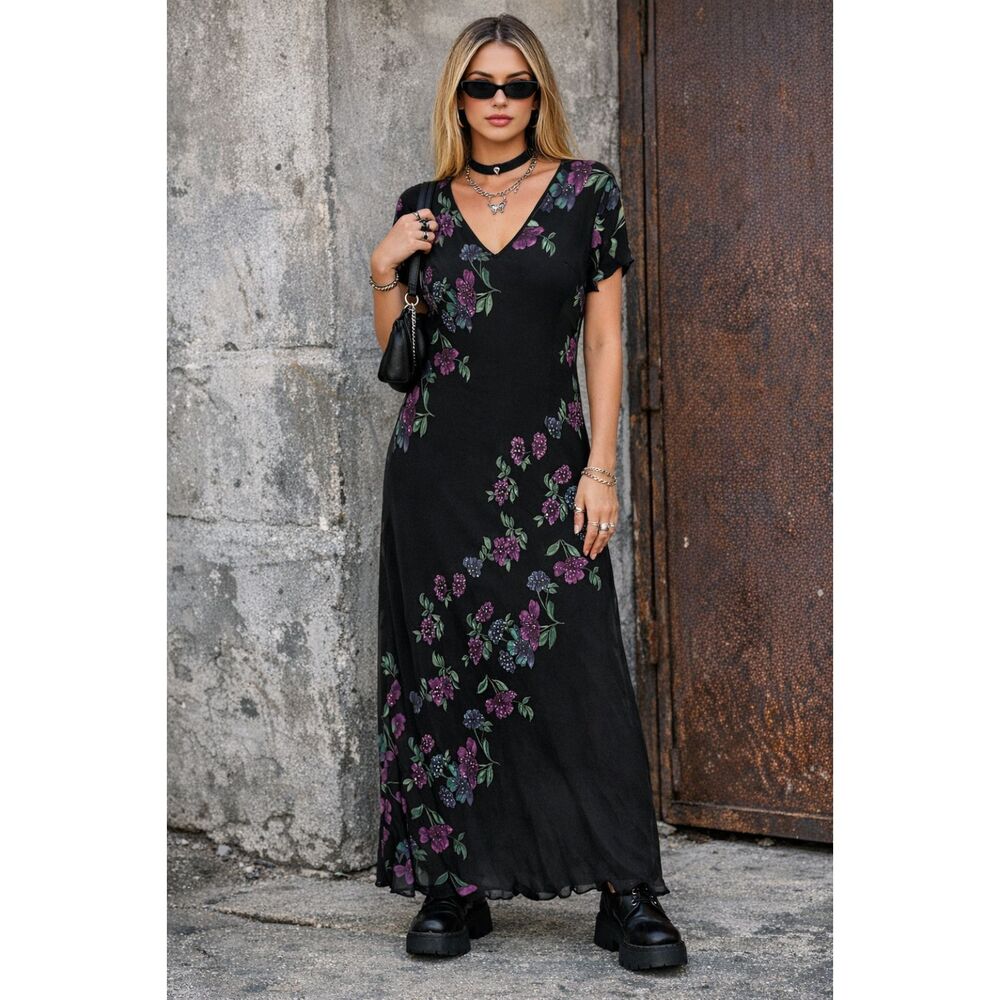 Vintage Eva Blue Black Floral Beaded Y2K Maxi Dress Women's Size 14